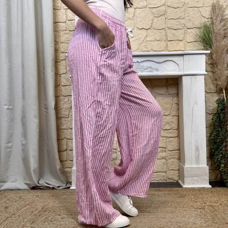 I615- Pantalon Rayé - rose-pale - taille-unique