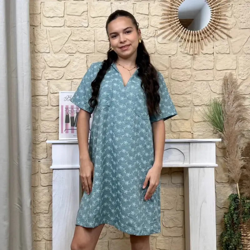 I587 - Robe droite brodée (T36-T38) - vert-celadon - 38