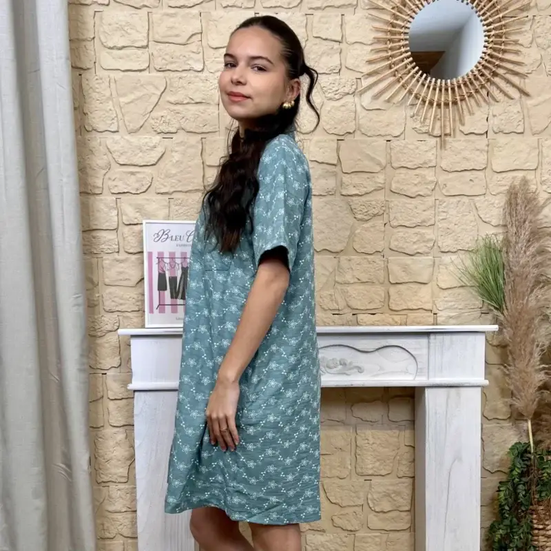 I587 - Robe droite brodée (T36-T38) - vert-celadon - 38