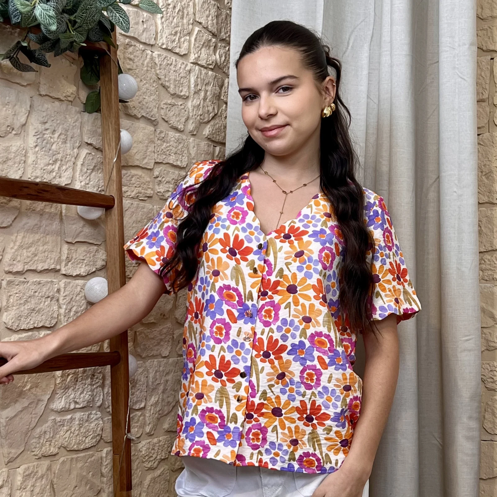 I596 - Blouse légère fleurie - orange - 38