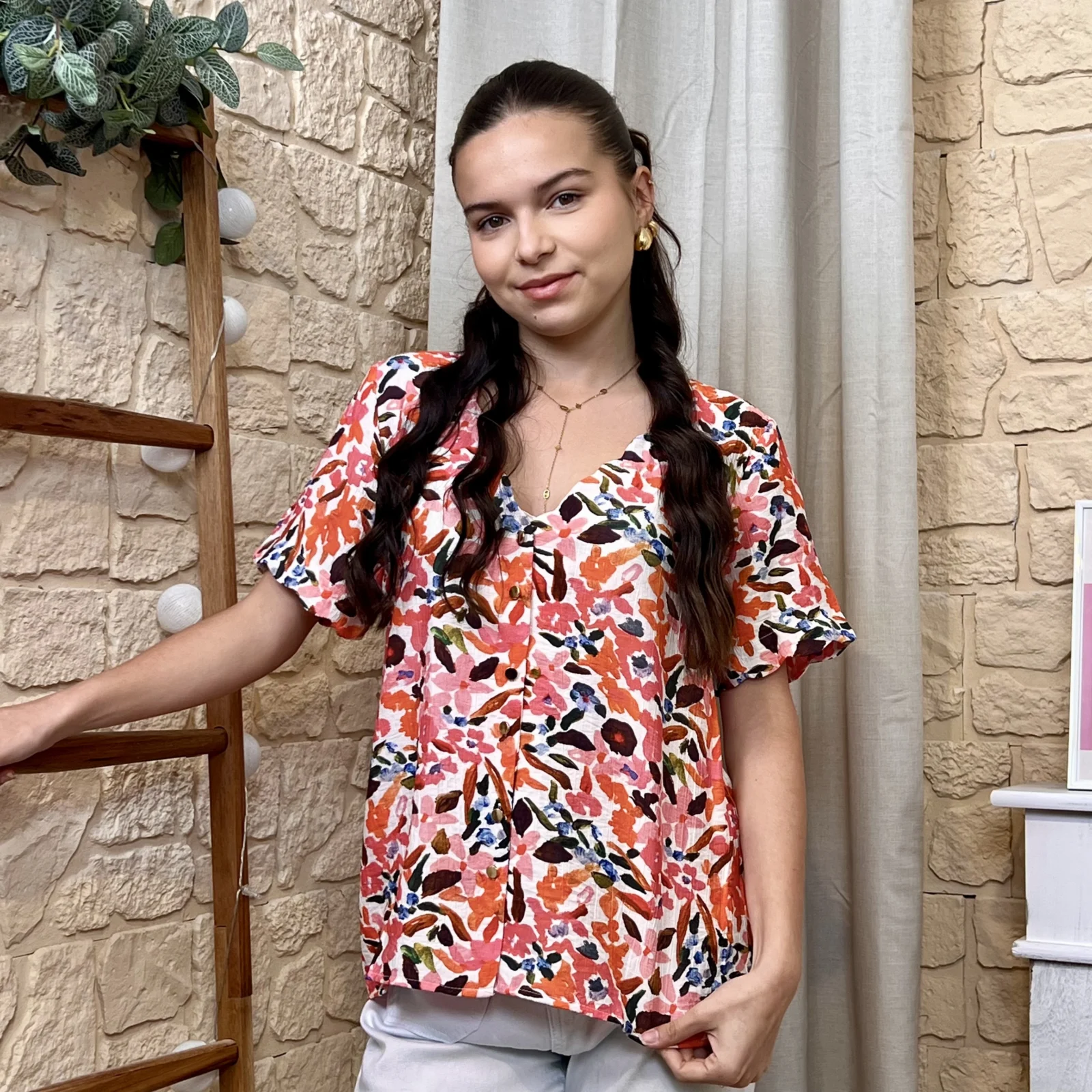 I574 - Blouse feuillage (T36-T38) - corail - 38