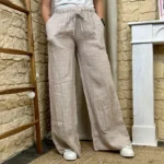Pantalon large en lin femme – Dentelle ajourée - beige - taille-unique