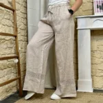 Pantalon large en lin femme – Dentelle ajourée - beige - taille-unique