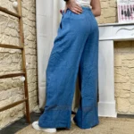 Pantalon large en lin femme – Dentelle ajourée - bleu-jeans - taille-unique
