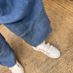 Pantalon large en lin femme – Dentelle ajourée - bleu-jeans - taille-unique