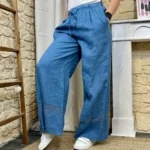 Pantalon large en lin femme – Dentelle ajourée - bleu-jeans - taille-unique