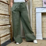 Pantalon large en lin femme – Dentelle ajourée - kaki - taille-unique-grande-taille