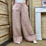 Pantalon large en lin femme – Dentelle ajourée - rose-poudre - taille-unique-grande-taille