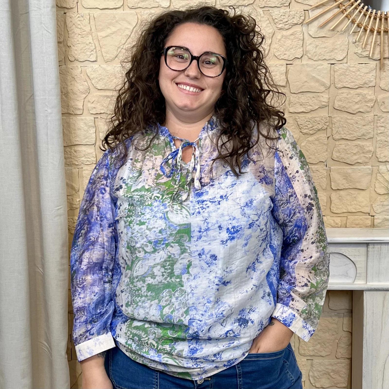 Blouse bohème femme grande taille – Col V à nouer - bleu-royal - 52
