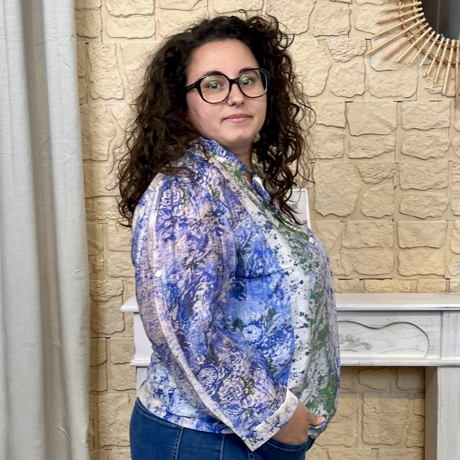 Blouse bohème femme grande taille – Col V à nouer - bleu-royal - 52