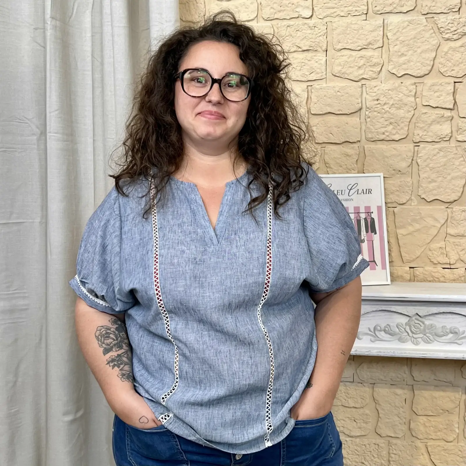 J589 - Blouse ajourée - bleu-jeans - 52