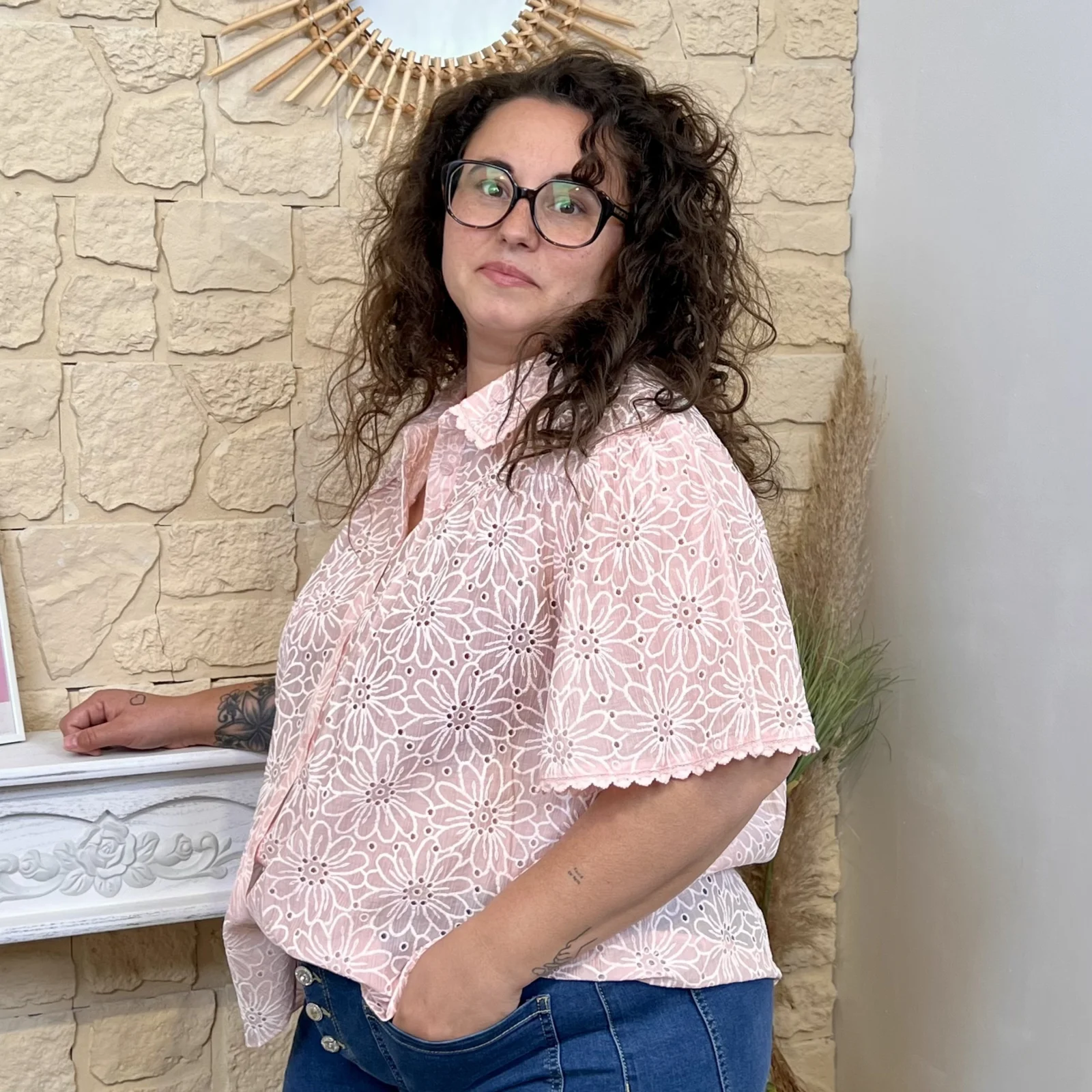 J583 - Chemisier brodé - rose-pale - 48