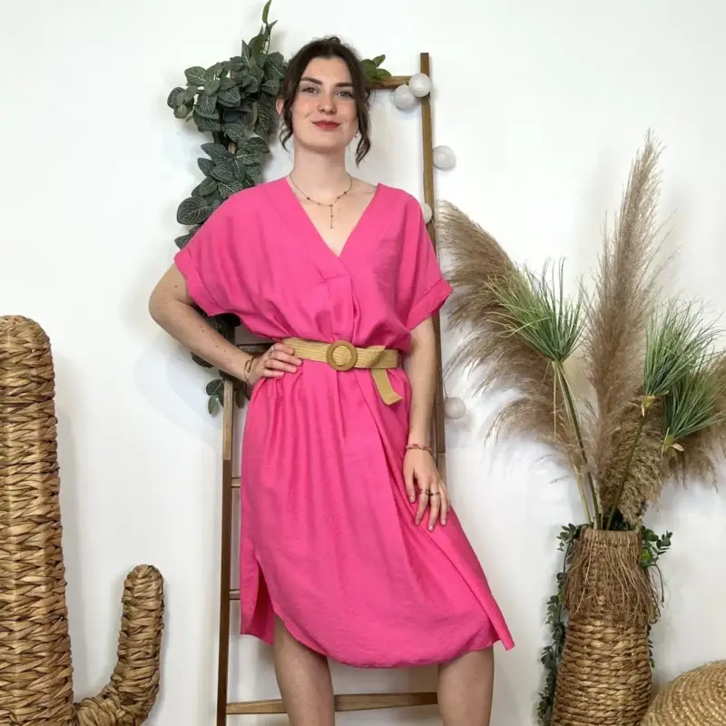 L108 - Robe unie + ceinture - fuchsia - taille-unique