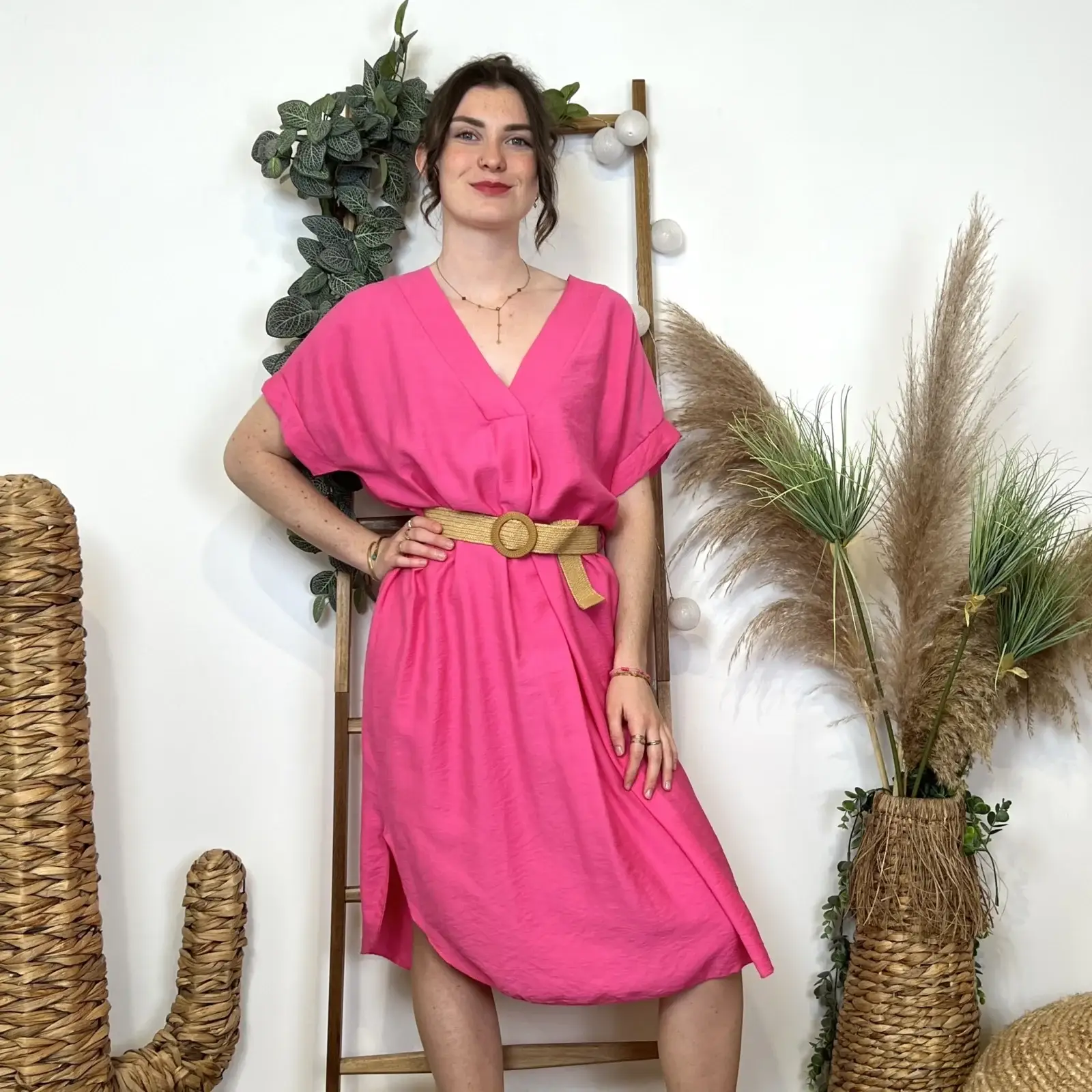 L108 - Robe unie + ceinture - fuchsia - taille-unique