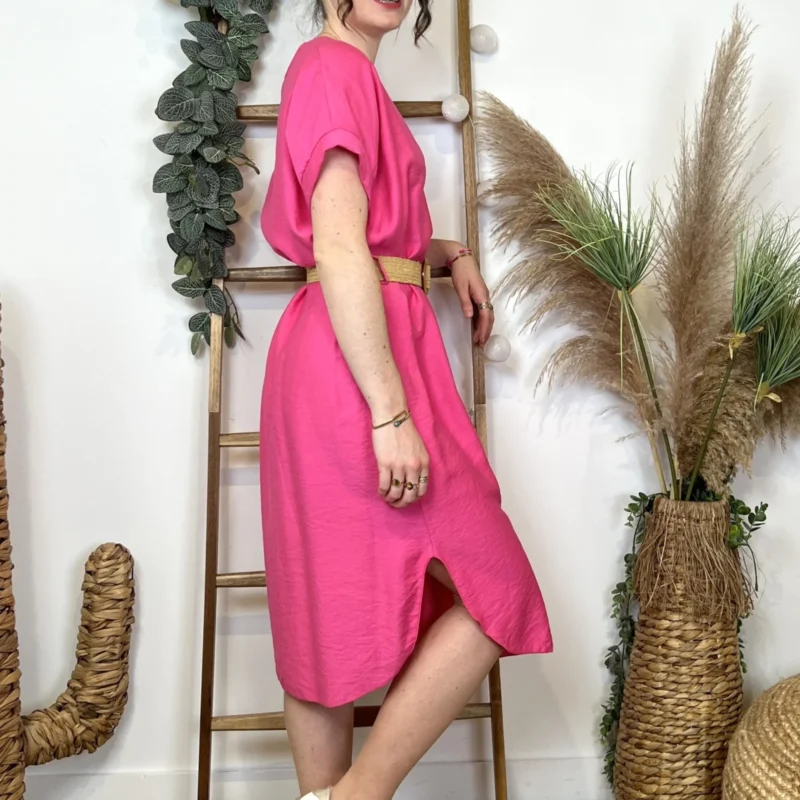 L108 - Robe unie + ceinture - fuchsia - taille-unique