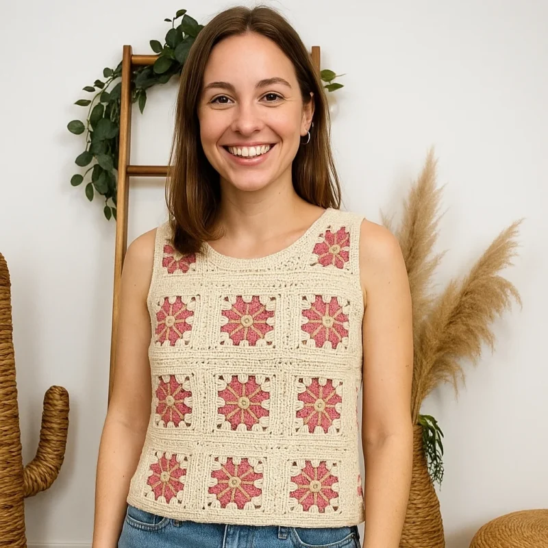 K170 - Crop-Top Macramé - fuchsia-beige - taille-unique