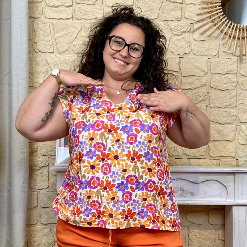 Blouse fleurie (T40-T48) - orange-multicolore - 48