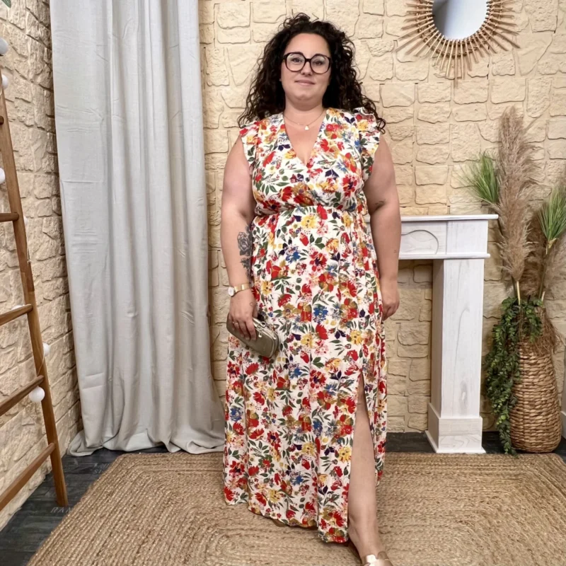 Robe longue feuillage (T40-T48) - beige-multicolore - 48