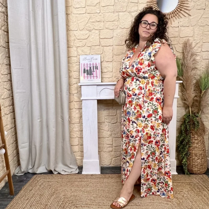Robe longue feuillage (T40-T48) - beige-multicolore - 48