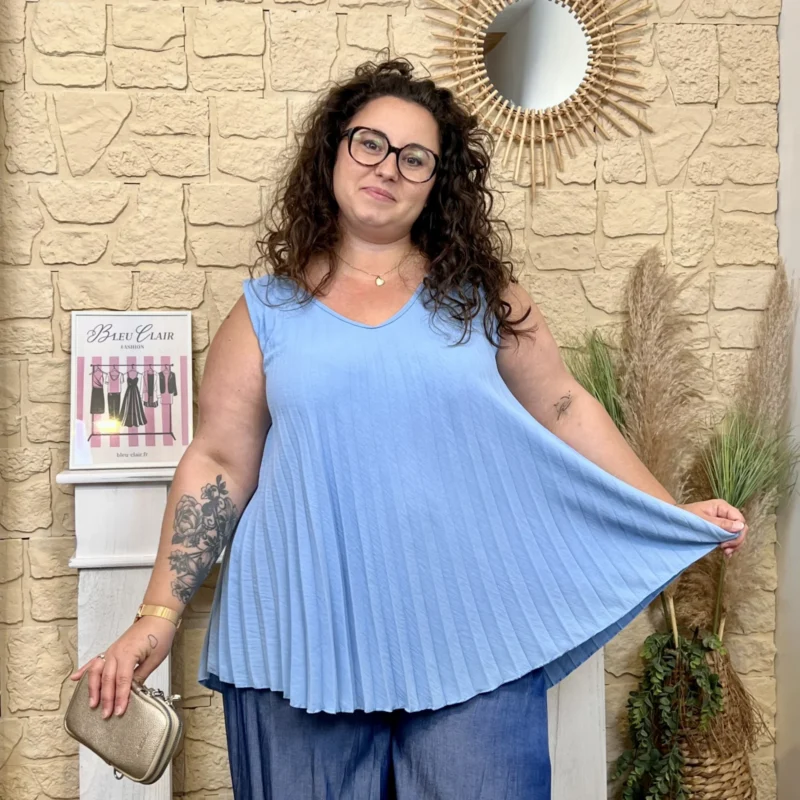 Débardeur plissé. "Jolies Formes" (TU) - bleu-ciel - taille-unique-grande-taille