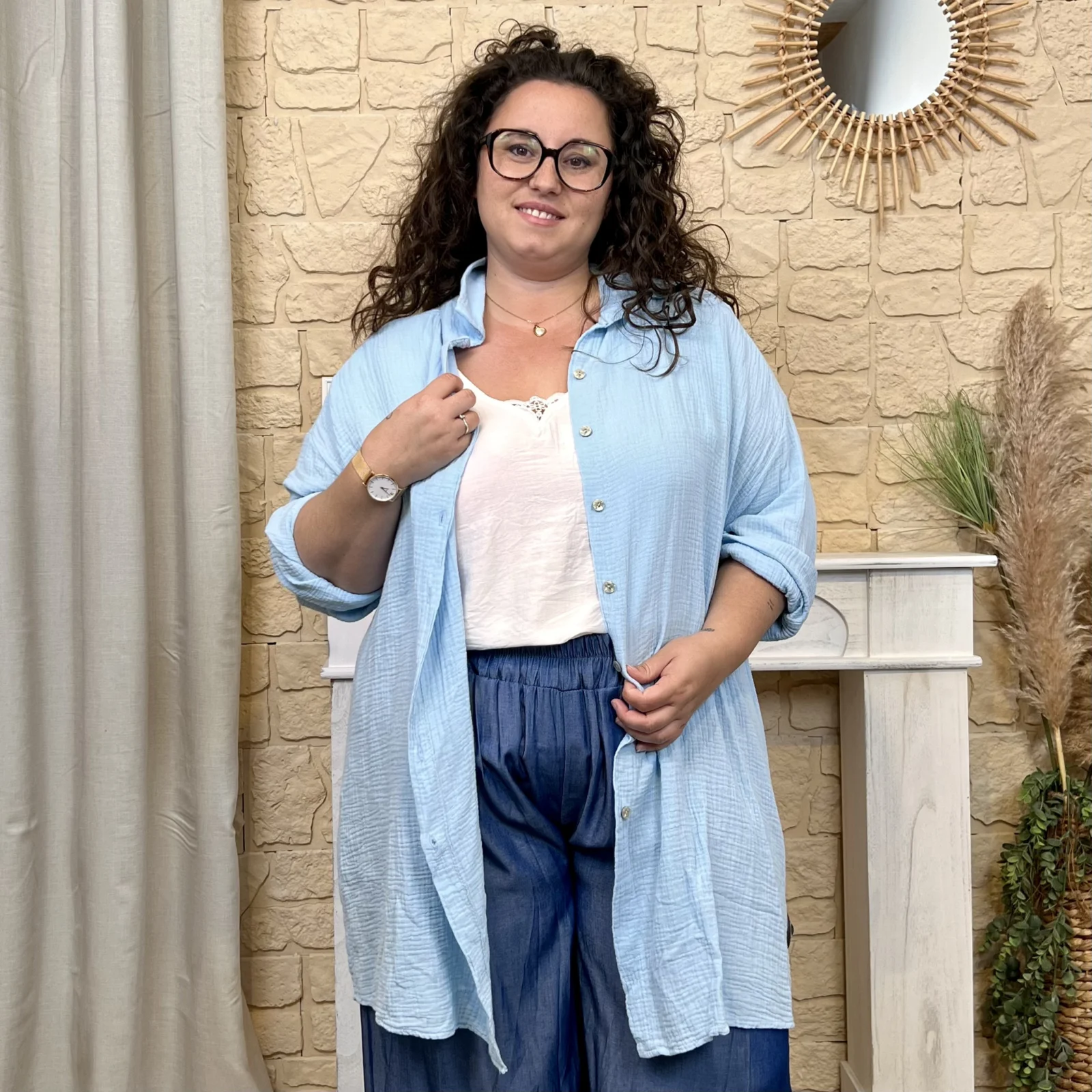 Sur-Chemise Longue "Oeil brodé" - bleu-ciel - taille-unique