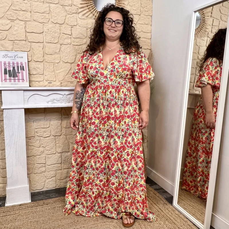 Robe longue fleurie (T40-T48) - rouge-jaune - 48
