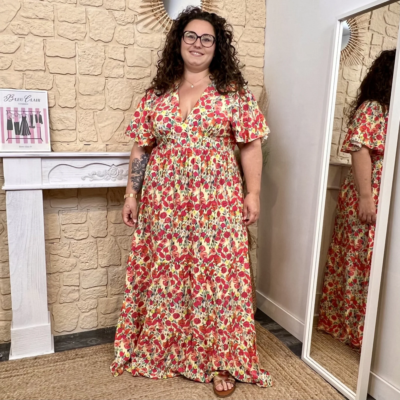 Robe longue fleurie (T40-T48) - rouge-jaune - 48