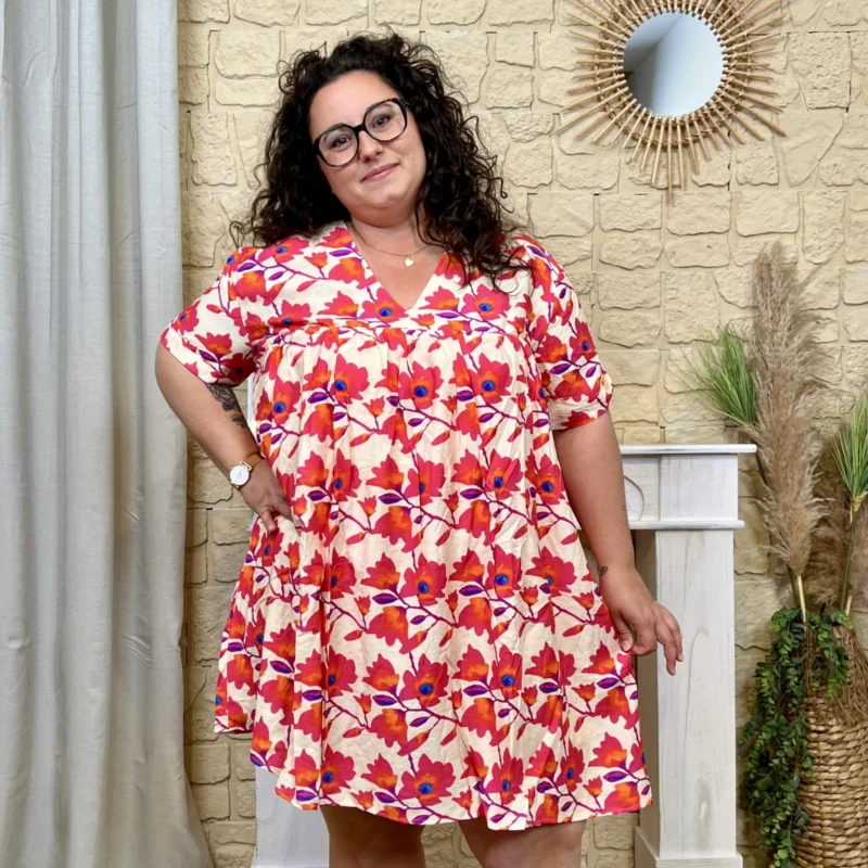 Robe-short fleurie (T40-T48) - fuchsia-orange - 48