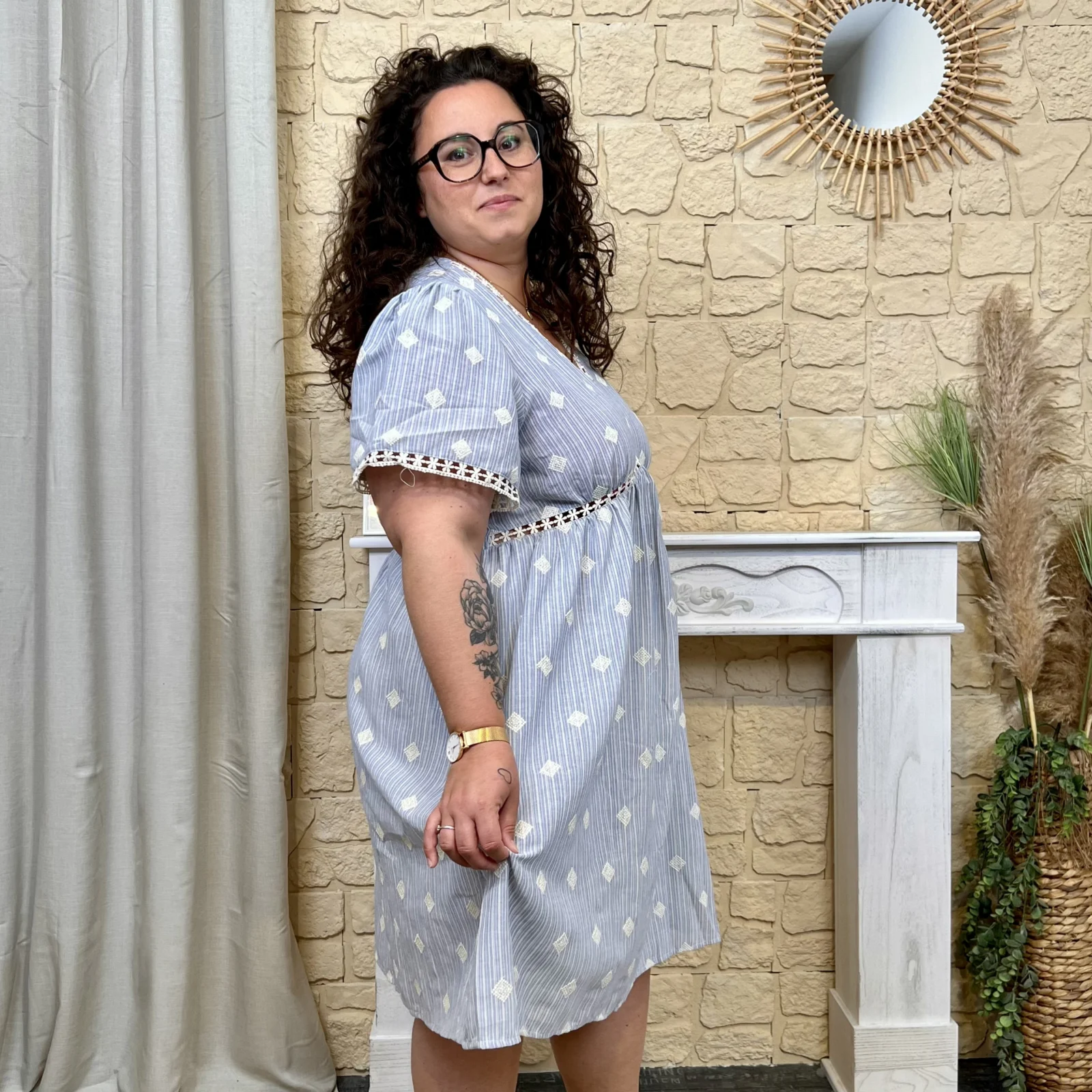 Robe bohème rayée (T40-T48) - bleu-ciel - 48