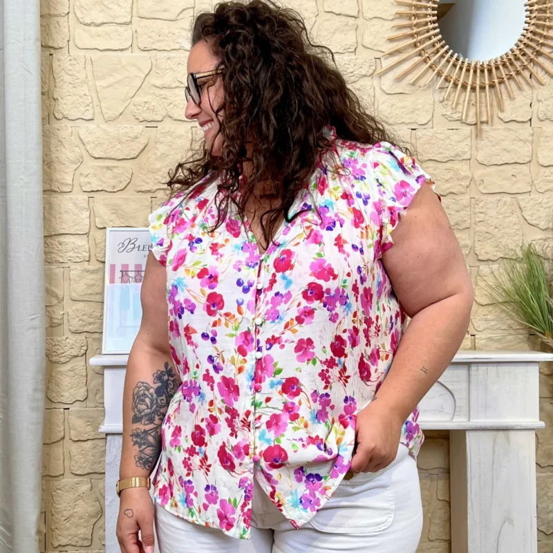 Blouse fleurie volantée (T40-T48) - fuchsia - 38