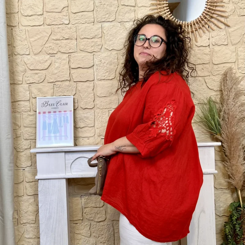 Blouse en lin fantaisie - rouge - taille-unique-grande-taille