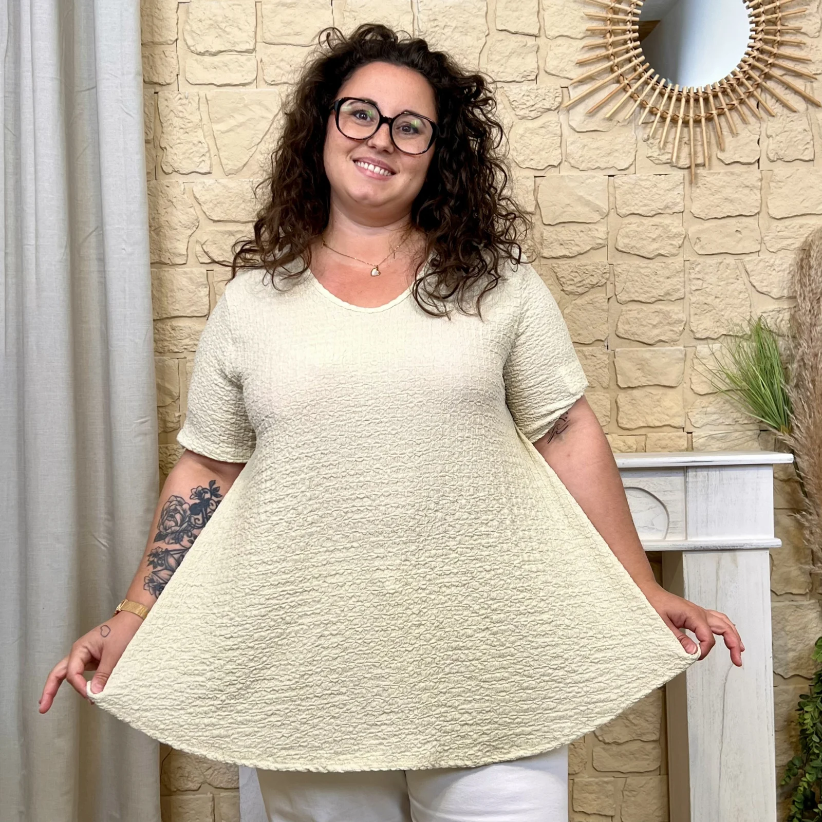 Tunique texturée dentelle dos - beige - taille-unique-grande-taille