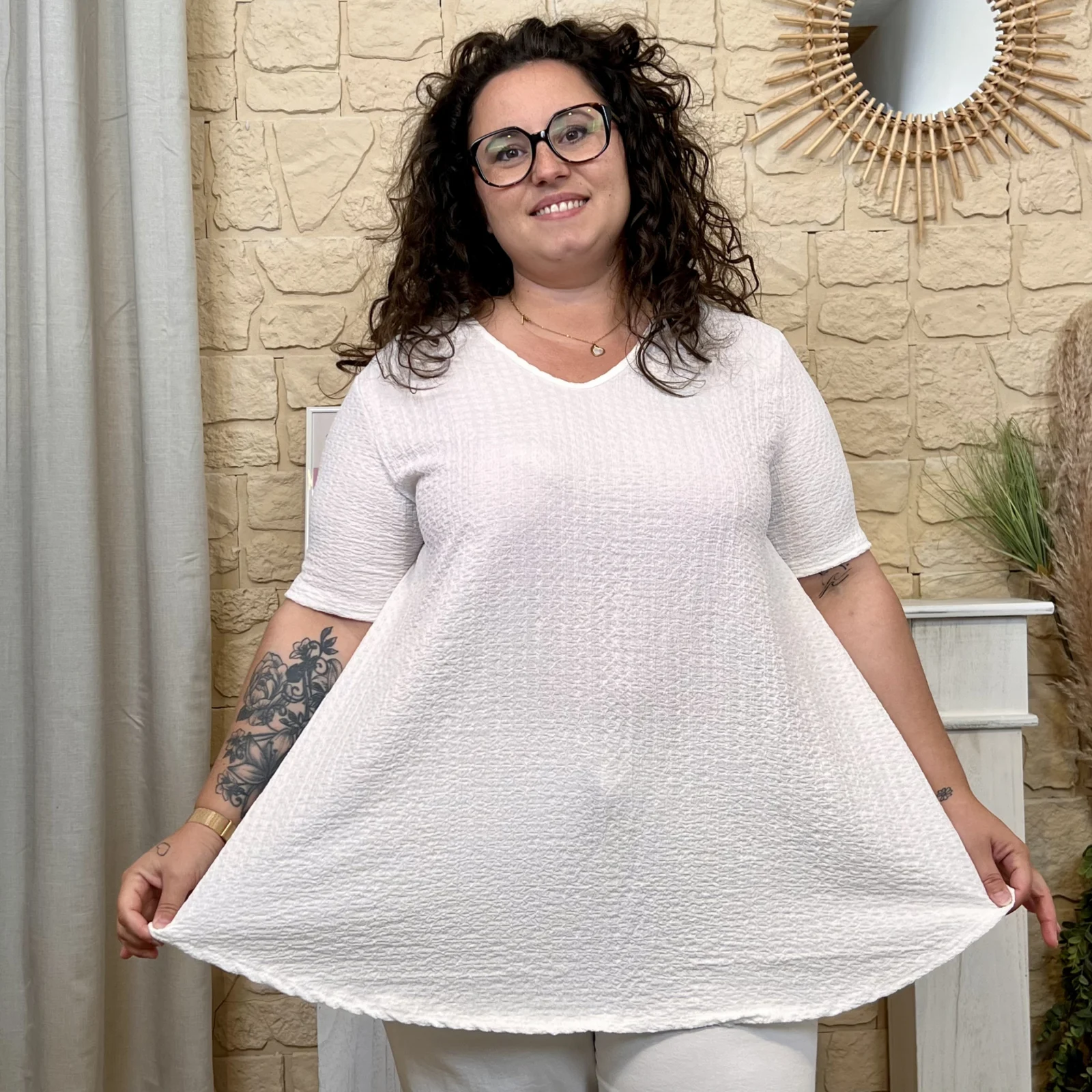 Tunique texturée dentelle dos - blanc - taille-unique-grande-taille