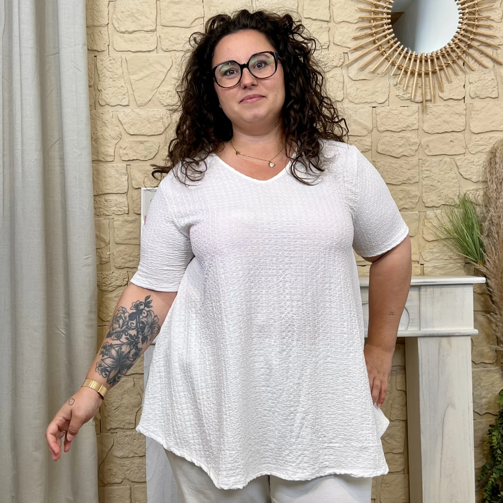 Tunique texturée dentelle dos - blanc - taille-unique-grande-taille