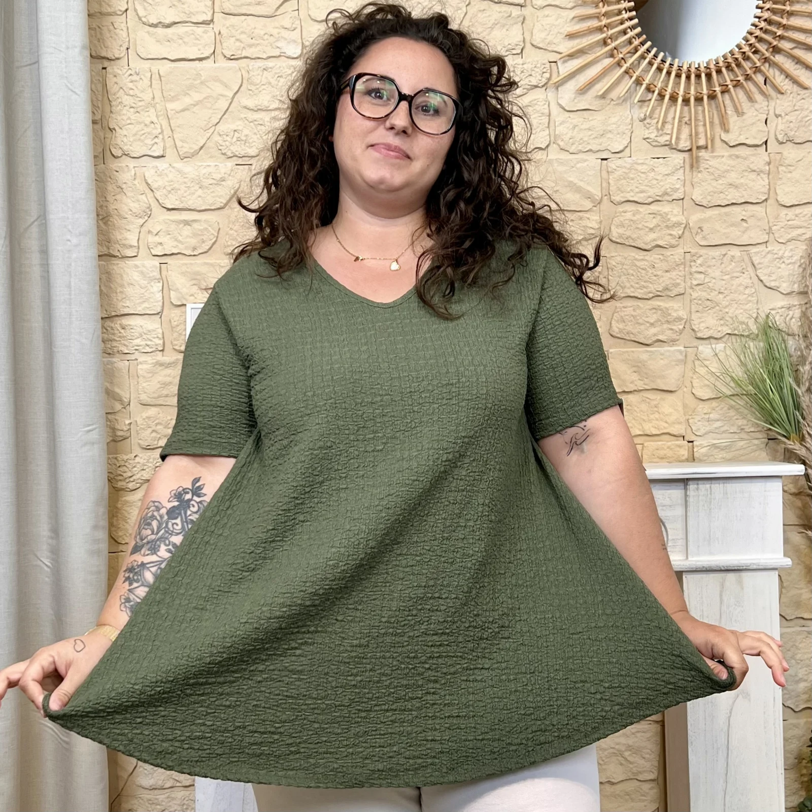 Tunique texturée dentelle dos - kaki - taille-unique-grande-taille