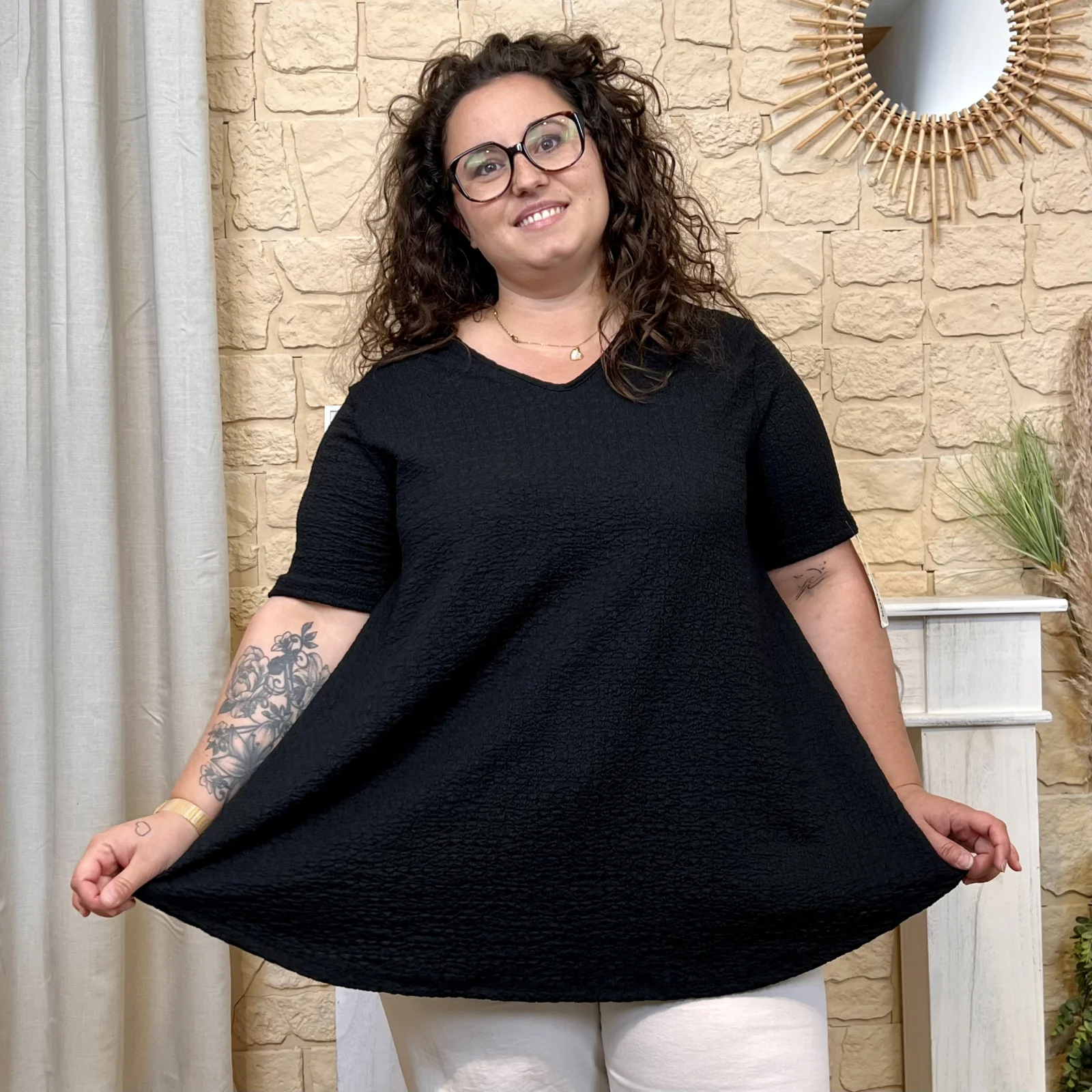 Tunique texturée dentelle dos - noir - taille-unique-grande-taille