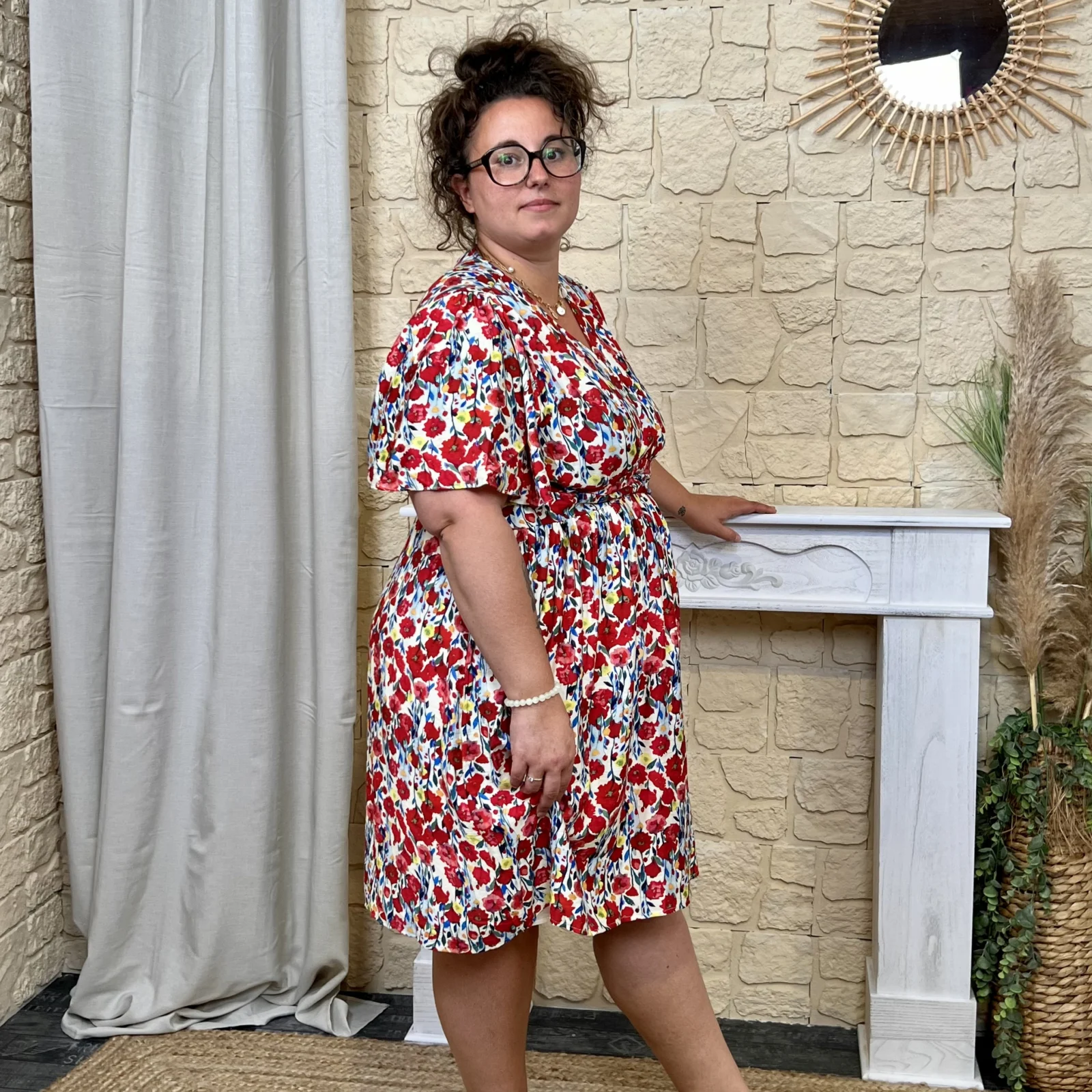 Robe fleurie bohème - beige-rouge - 48