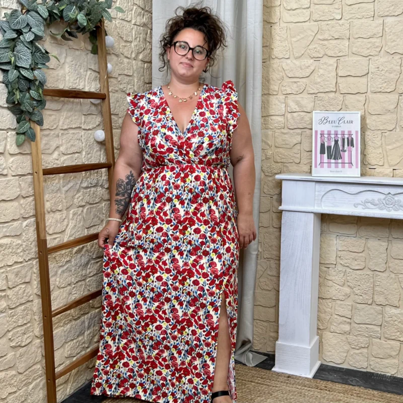 Robe longue fleurie - beige-rouge - 48