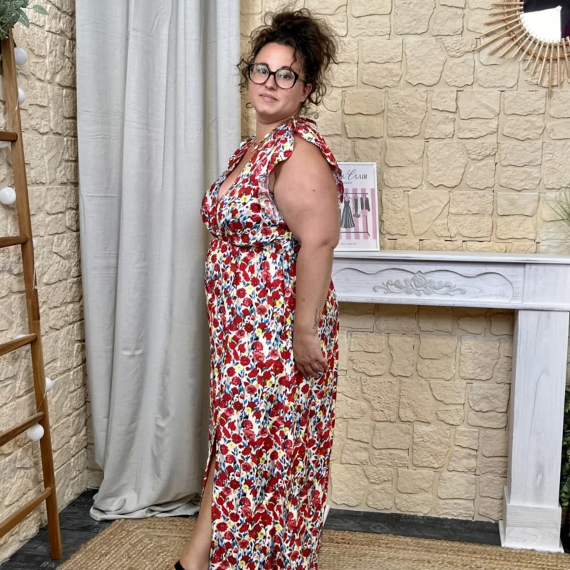 Robe longue fleurie - beige-rouge - 48
