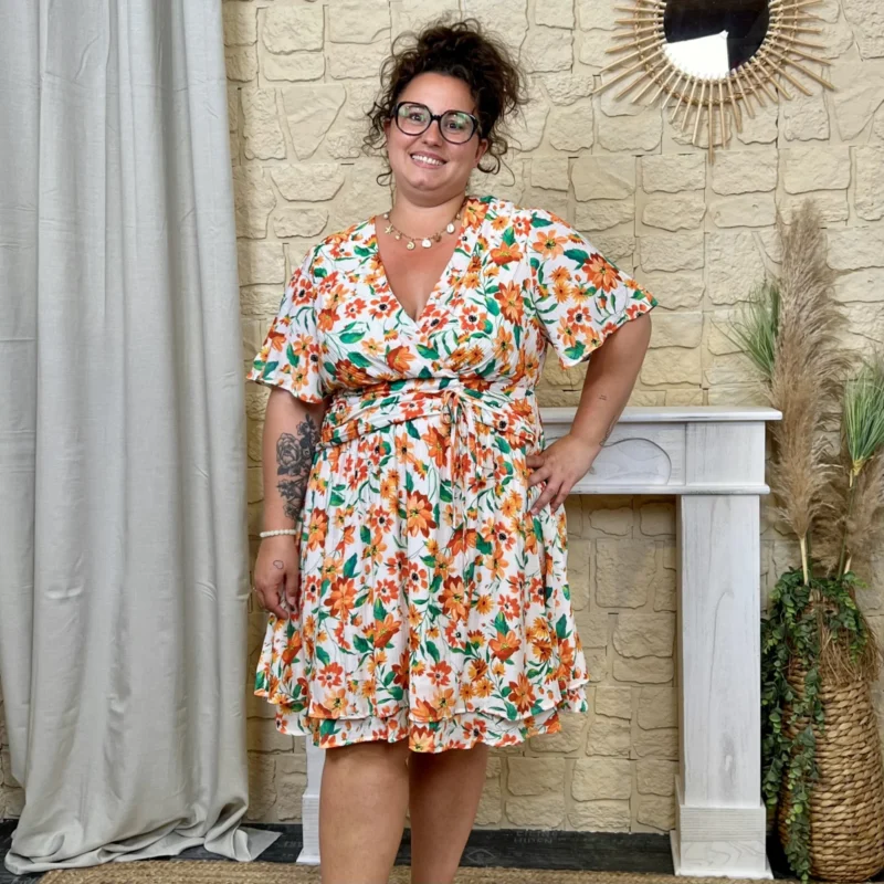 Robe fleurie portefeuille - orange - 48