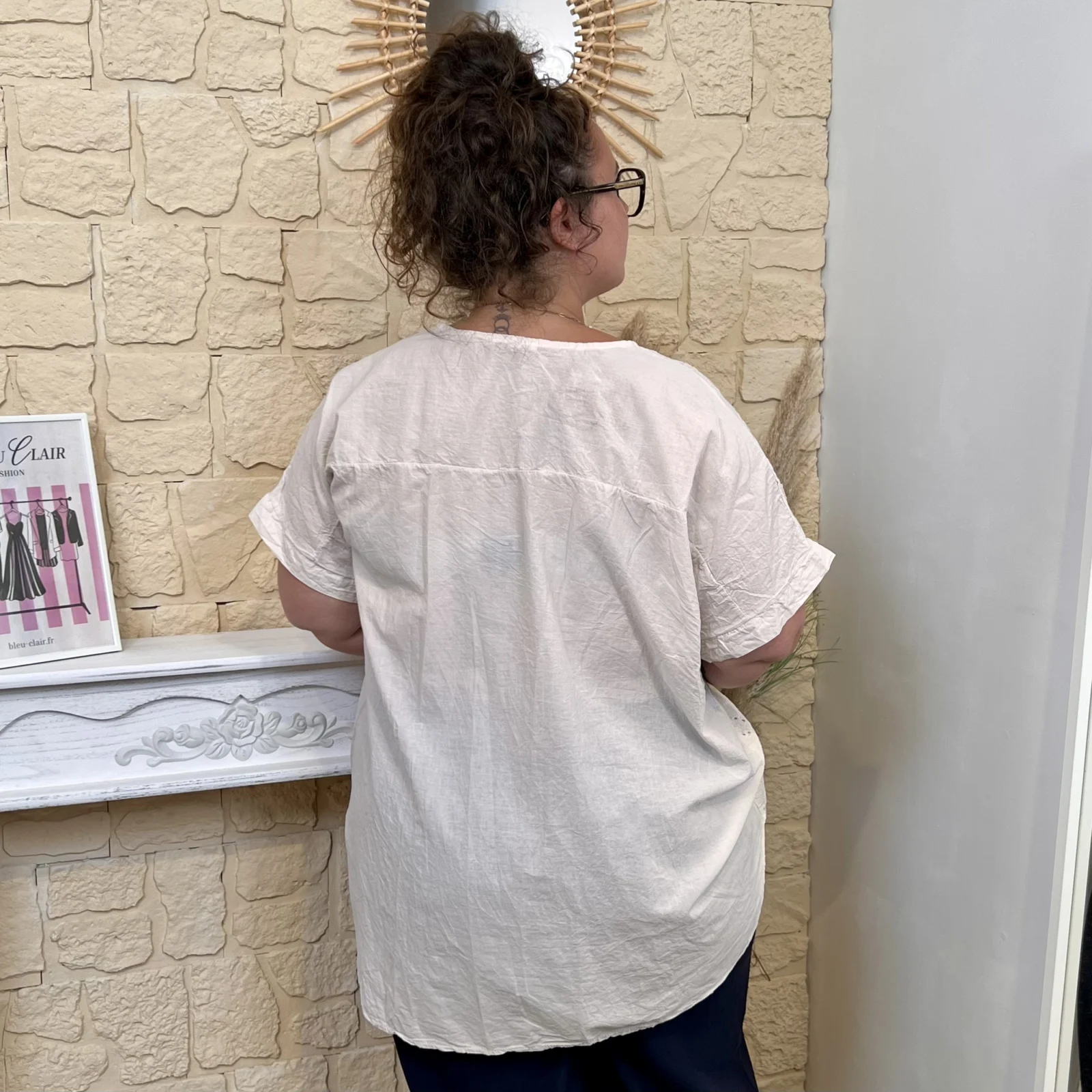 Tunique brodée en coton (GT) - beige - taille-unique-grande-taille