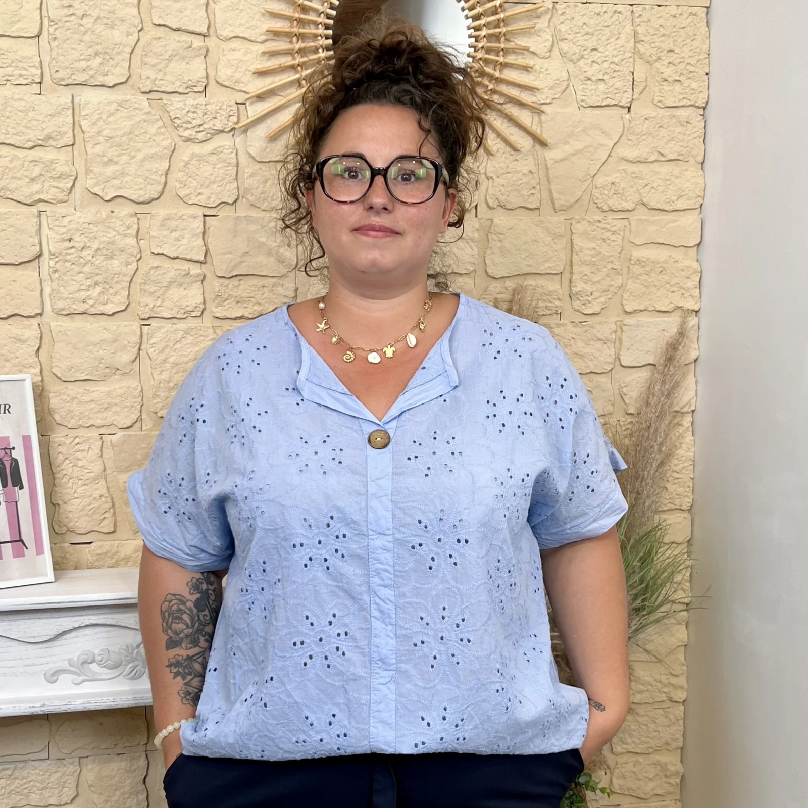 Tunique brodée en coton (GT) - bleu-ciel - taille-unique-grande-taille