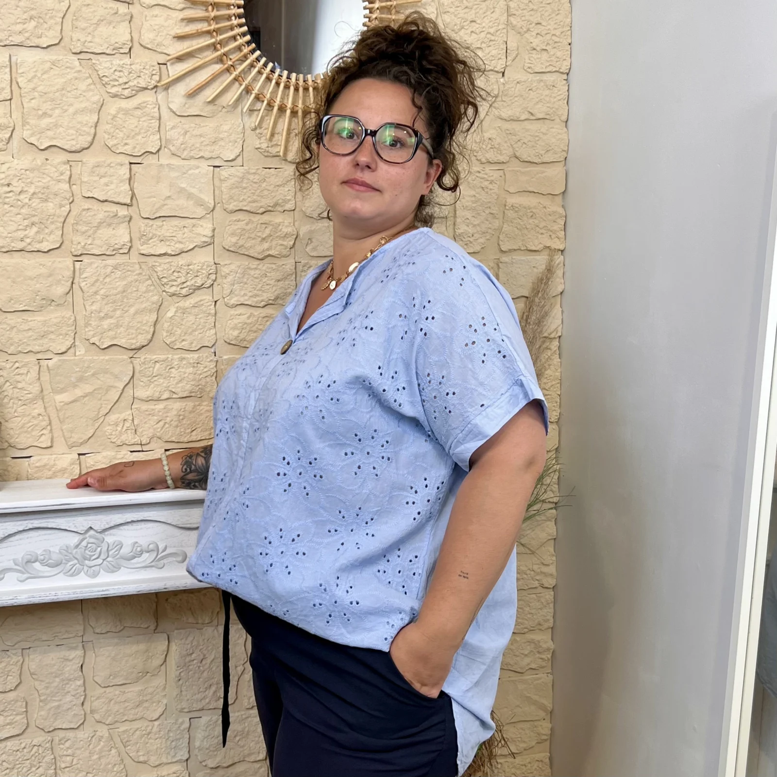 Tunique brodée en coton (GT) - bleu-ciel - taille-unique-grande-taille
