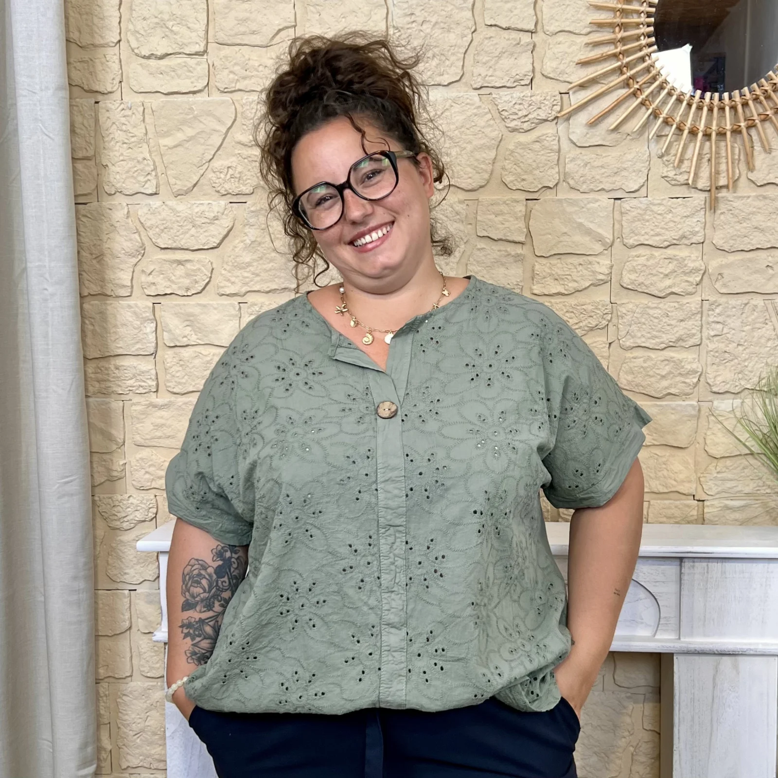 Tunique brodée en coton (GT) - kaki - taille-unique-grande-taille