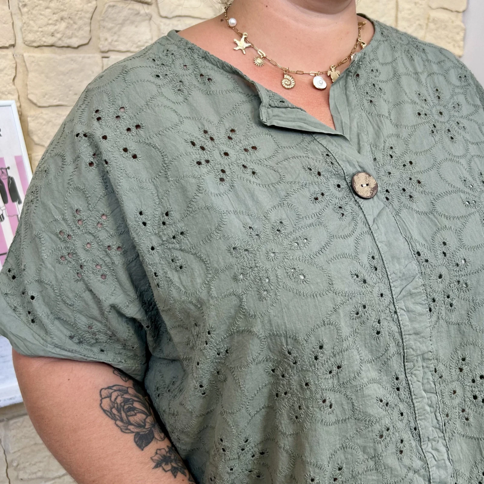 Tunique brodée en coton (GT) - kaki - taille-unique-grande-taille