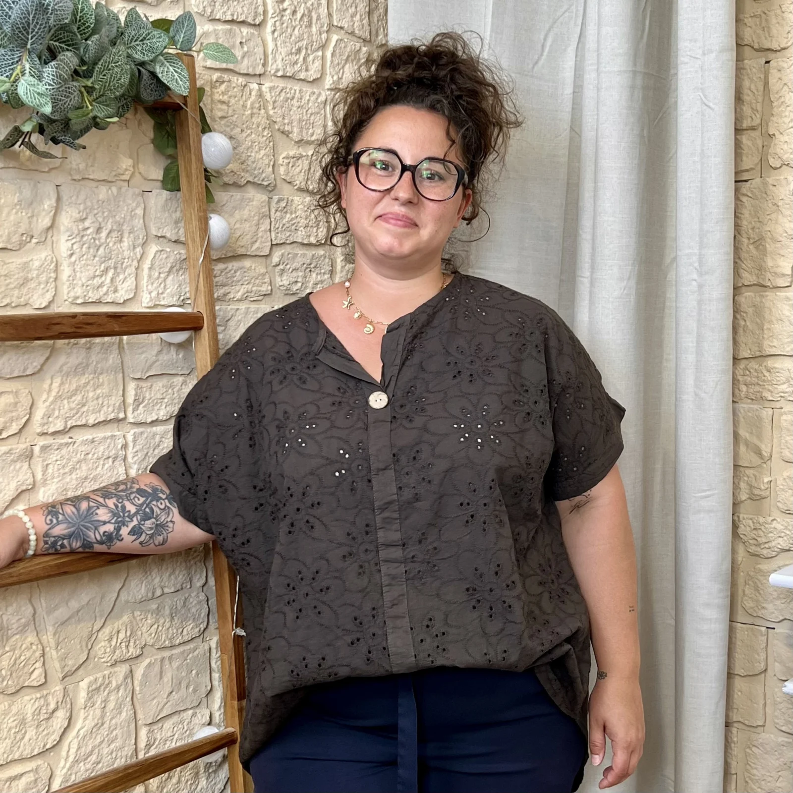Tunique brodée en coton (GT) - marron - taille-unique-grande-taille