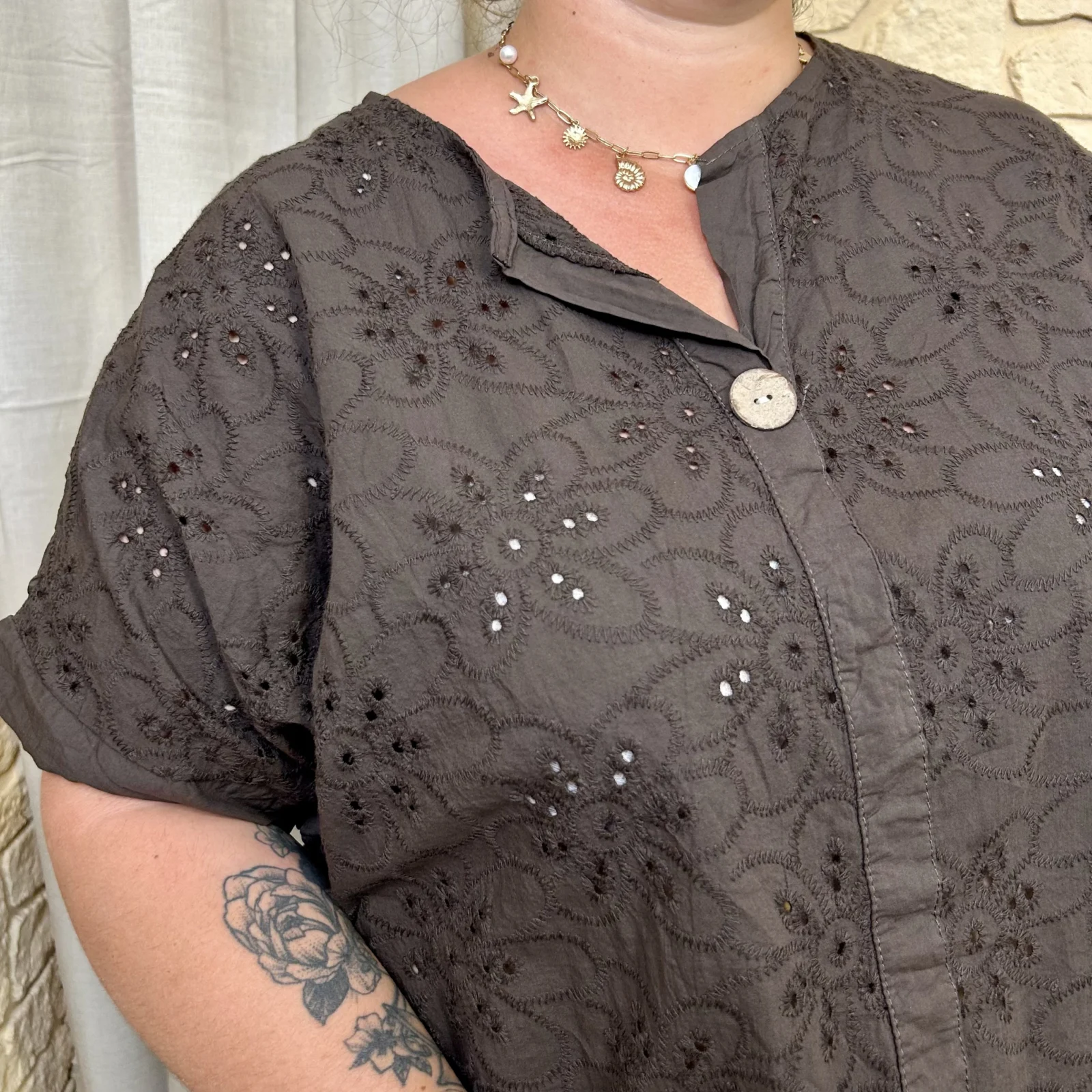 Tunique brodée en coton (GT) - marron - taille-unique-grande-taille