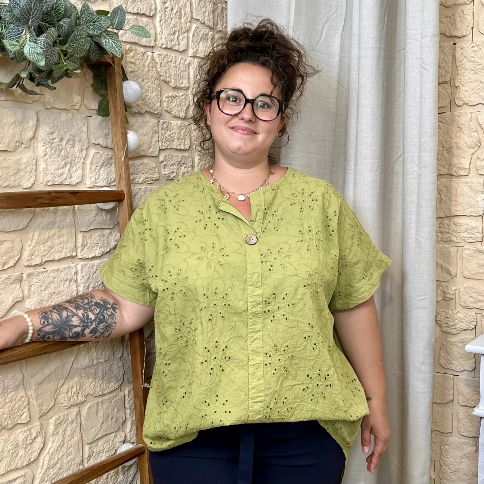 Tunique brodée en coton (GT) - vert-anis - taille-unique-grande-taille