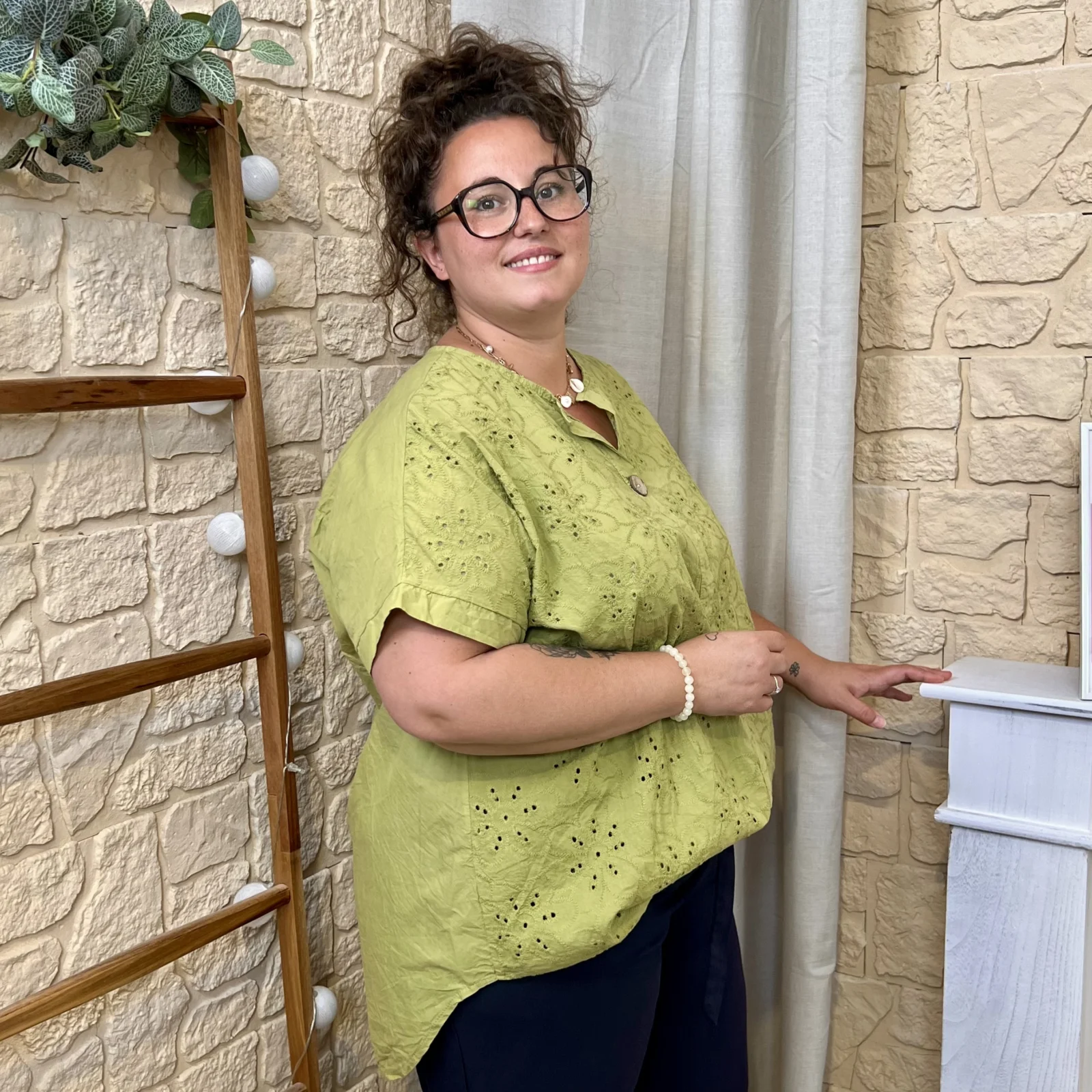 Tunique brodée en coton (GT) - vert-anis - taille-unique-grande-taille