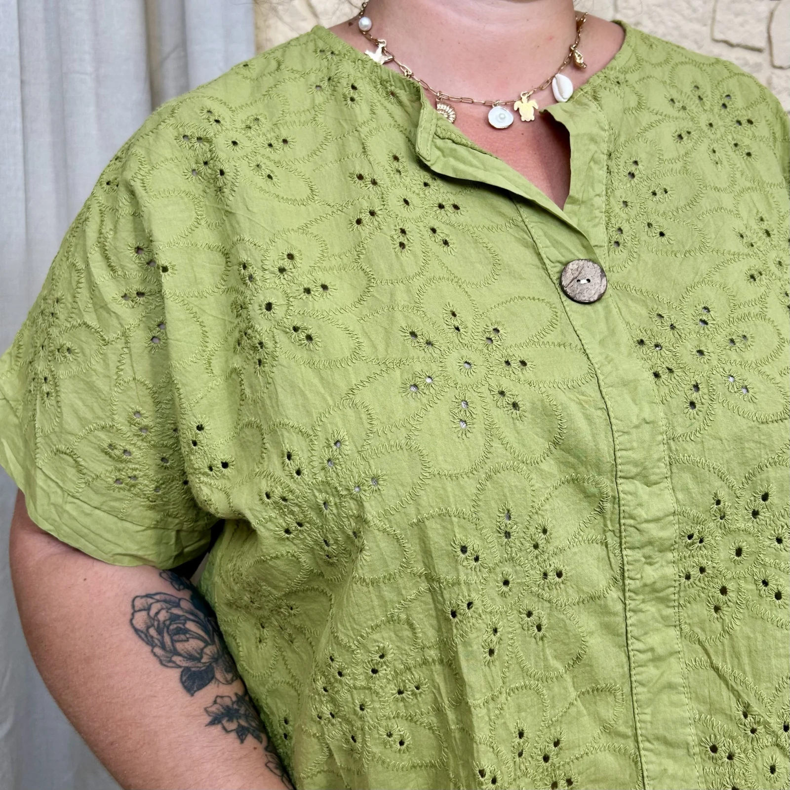 Tunique brodée en coton (GT) - vert-anis - taille-unique-grande-taille
